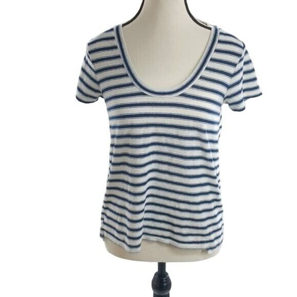 Madewell T Shirt Womens S Blue White Striped Scoop Neck Linen Casual Tee - Picture 1 of 7